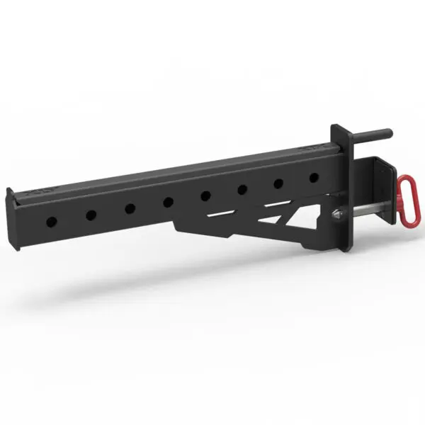 The ATX® Spotter Arms are black, adjustable hitch mount recovery board brackets featuring multiple customization holes. Designed for off-road vehicle recovery applications, they include a metal frame with a handle on one end and a red loop at the other.