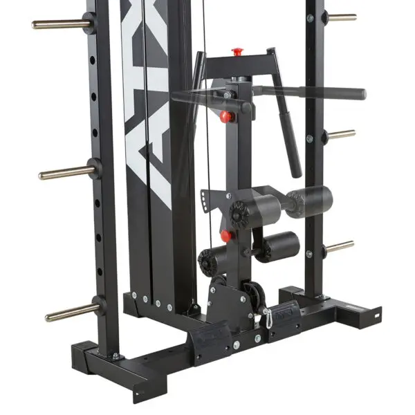 The ATX® SCR-760 is a discontinued gym machine with a black frame, adjustable weight stacks, bars for weight plates, and padded rollers designed for versatile strength training exercises.