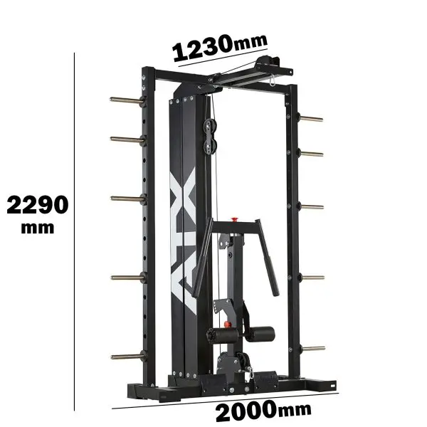 The ATX® SCR-760, now discontinued, is a black gym equipment featuring a weights and pulley system with vertical bars and cable mechanism. Its dimensions are 2290mm high, 1230mm wide, and 2000mm deep.