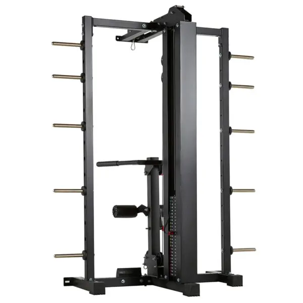 The ATX® SCR-760 Smith Cable Rack features multiple weight plate holders, adjustable pulleys, and a sturdy frame designed for strength training. Note: This product is discontinued.