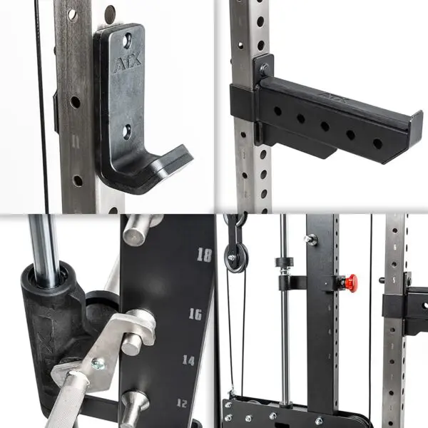A collage of four images showcases parts of the ATX® Smith Cable Rack Weight Stack, including a metal hook with ATX branding, an adjustable safety arm, a barbell holder with weight markings, and a cable pulley system.