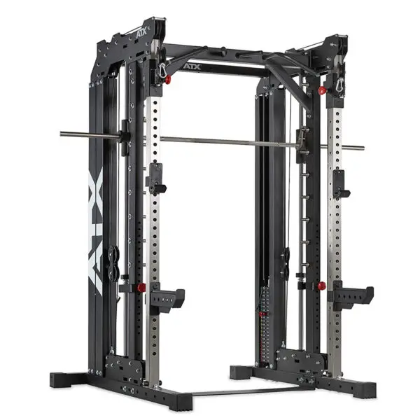 The ATX® Smith Cable Rack Weight Stack is a versatile gym power rack featuring a Smith machine, safety catches, adjustable barbell supports, pull-up bar, and weight storage pegs in black and silver, ideal for strength training exercises.