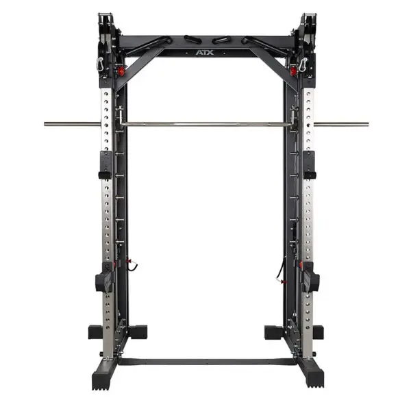 The ATX® Smith Cable Rack Weight Stack is a large, sturdy gym squat rack with adjustable safety bars and weight plate holders. Predominantly black with metallic accents, it features a horizontal bar and multiple settings for various exercises.