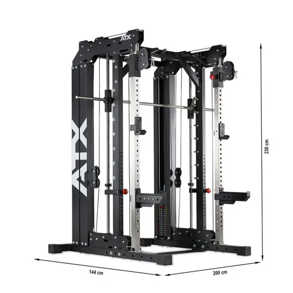 The ATX® Smith Cable Rack Weight Stack is a black multi-functional fitness station with adjustable components for various exercises, including a cable system, weight stack, and pull-up bars. Dimensions: 144 cm wide, 200 cm deep, and 230 cm tall.