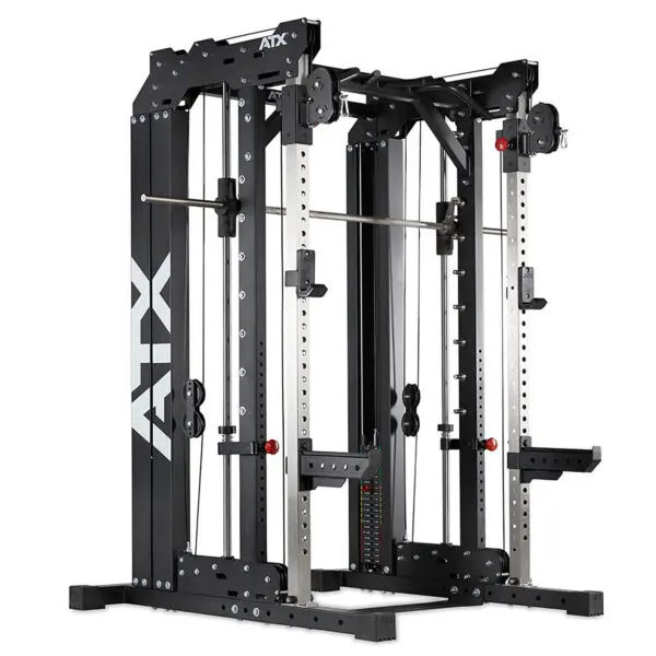 The ATX® Smith Cable Rack Weight Stack is a black machine featuring multiple pulleys, adjustable weights, and attachments for diverse strength training exercises.
