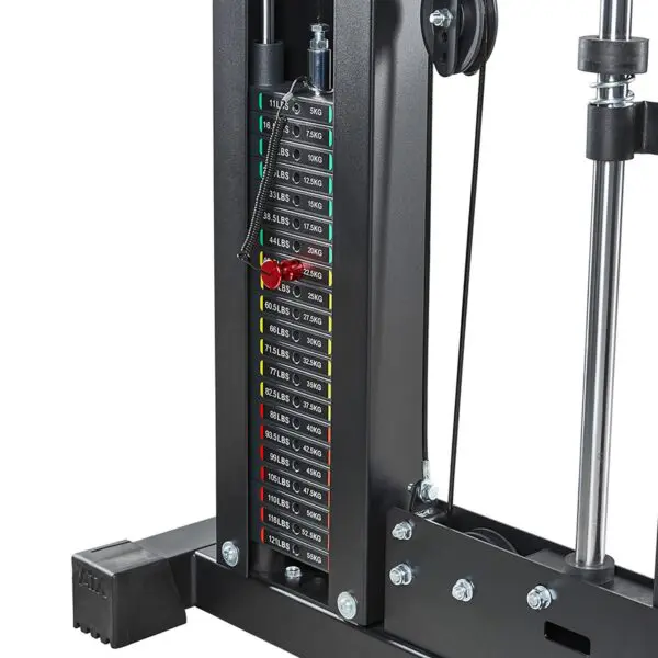 A close-up view of the ATX® Smith Cable Rack Weight Stack features a range of weight plates from 5 kg (11 lbs) to 120 kg (264 lbs), labeled in both kilograms and pounds, with adjustments made using a pin mechanism.