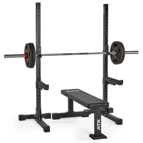 The ATX® Squat Stands 650 SD offers a weight bench with an adjustable barbell rack and squat stands, featuring a padded bench and barbell with multiple weight plates. Its sturdy metal frame makes it perfect for strength training and weightlifting enthusiasts.