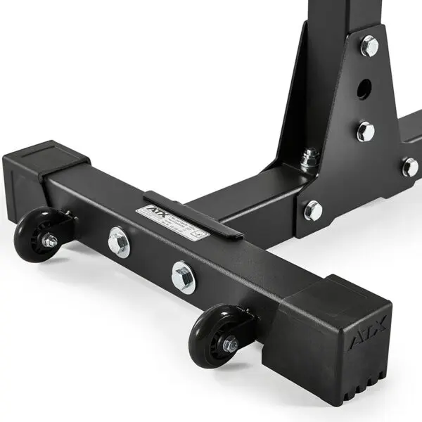 Close-up of the ATX® Squat Stands 650 SDs black, heavy-duty metal base with wheels, featuring multiple bolts and screws. The structure is sturdy and industrial, resembling machinery support with a small label.