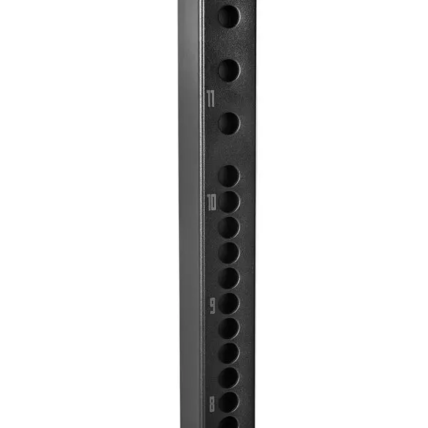 Close-up of the ATX® Squat Stands 650 SD, a black metal gym rack with numbered holes labeled 8 to 11 for adjusting equipment height or attachments.