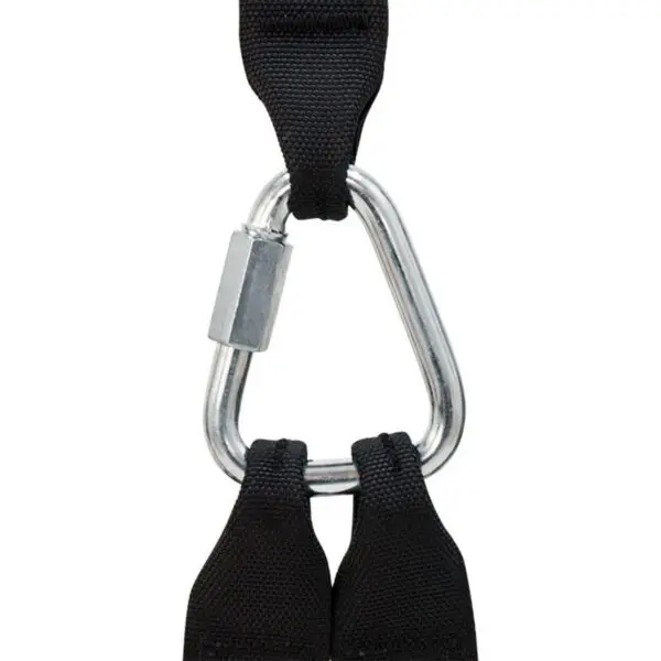 Close-up of the ATX® Suspension Trainer Set PRO featuring a metal triangle carabiner connecting two black nylon straps, reminiscent of trainer gear, attached by a silver connector. The straps extend out of frame on both sides.