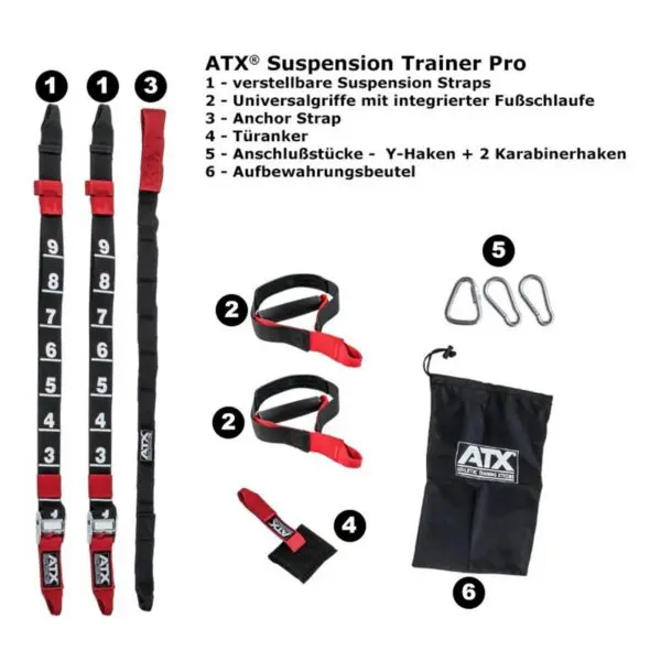 Image of the ATX® Suspension Trainer Set PRO, showcasing adjustable suspension straps and universal grips with foot loops. Comes with an anchor strap, door anchor, two Y-hooks, carabiners, and a storage bag. All components are numbered and labeled in German for user convenience.