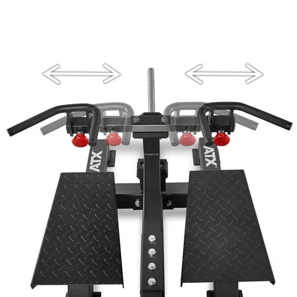 Close-up of gym equipment featuring a Plate Loaded T-Bar Row with a metal handlebar, two footplates, and red adjustment knobs. Arrows indicate movement direction of the handlebars. The equipment is labeled ATX.
