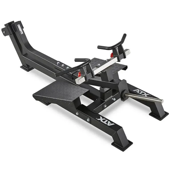 The ATX exercise machine features a sleek black metallic frame and adjustable handles, perfect for weightlifting or strength training. It includes foot platforms and a barbell holder, specifically designed as a T-Bar Row machine for performing effective T-bar rows.