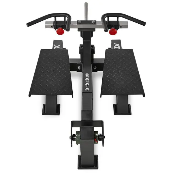 The ATX black bike repair stand boasts two textured platforms and adjustable clamps to securely hold your bicycle. With a plate-loaded T-bar row machine's sturdy metal construction, it also features a central support bar and rubberized grips for stability.