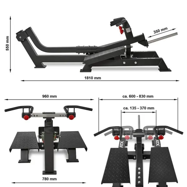 A black adjustable ATX gym rowing machine is complemented by a detailed diagram, showcasing various angles and dimensions. The measurements are in millimeters, indicating height, width, and adjustable ranges for the Plate Loaded T-Bar Row function.