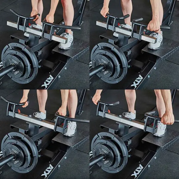 A person wearing white sneakers adjusts weights on a multi-grip barbell near the ATX section. The image shows close-up views of the hands and barbell, focusing on workout preparation with gym flooring visible in the background, hinting at a session by the T-Bar Row machine.