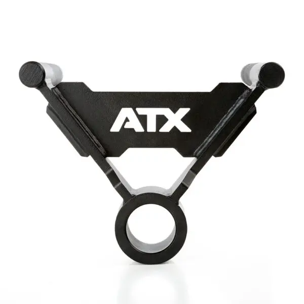A black metal weightlifting plate holder with a triangular design featuring ATX in white at the center, integrated parallel grip T-bar row handle, three prongs, and a circular base for stability sits against a plain white background. (Product: 7ft 1500lbs Olympic Bushing Bar).