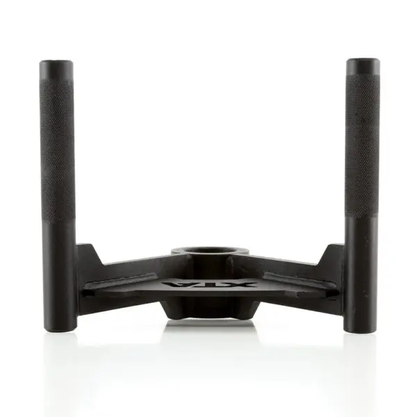 A black, metal weightlifting attachment with two vertical handles sits against a white background. The 7ft 1500lbs Olympic Bushing Bar adds versatility to your workout, and the word VTX is printed on the base.
