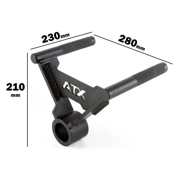 The ATX® Parallel Grip T Bar Row Handle in black measures 230mm x 280mm x 210mm and is perfect for enhancing your weightlifting routines, with ATX lettering featured on the handle.