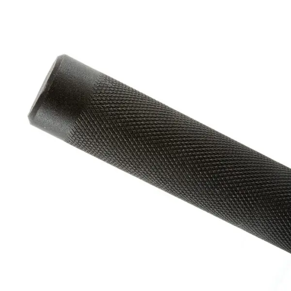 Close-up of a black textured cylindrical object with a tapered end, resembling a 7ft 1500lbs Olympic Bushing Bar, set against a white background.