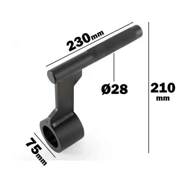 The ATX® Single Arm Row Barbell Handle is a sleek black metal lever with a cylindrical attachment, measuring 230mm in length, 75mm in base width, 210mm in height, and a cylindrical diameter of 28mm.
