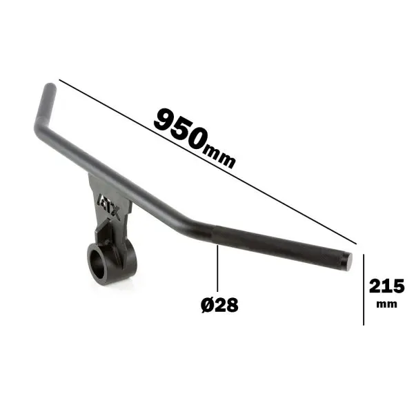 Diagram of an ATX® Wide Grip T Bar Row Handle in black, featuring a trapeze handlebar with dimensions: 950mm (length), 215mm (height), and 28mm (diameter).