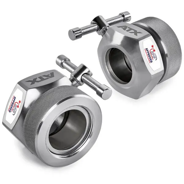 Two ATX® Competition Collars Short IPF with knurled grips and locking pins, branded The USA Advantage, designed to secure weight plates during lifting exercises.