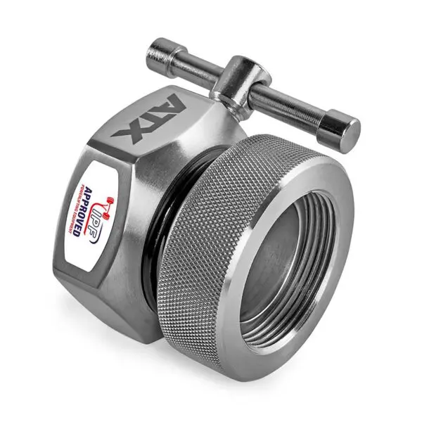 The ATX® Competition Collars Short IPF is a metallic pipe clamp with a tightening knob and textured grip, featuring a DVGW Approved label. Designed for industrial or plumbing applications, it appears sturdy and reliable.