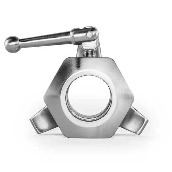 The ATX® Competition Powerlifting Collars IPF is a stainless steel lever with a hexagonal shape, circular center opening, and polished metallic finish. It features two symmetrical extensions on top, reminiscent of powerlifting collars.