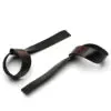 Two black leather lifting straps with red stitching are displayed on a white background. Featuring a loop at one end and a long, flat tail, theyre ideal for gripping during weightlifting exercises or enhancing training sessions. (Product: ATX® Bulls Strongman Yoke DISCONTINUED).
