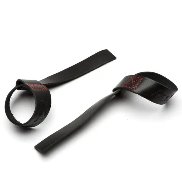 Two black leather lifting straps with red stitching are displayed on a white background. Featuring a loop at one end and a long, flat tail, theyre ideal for gripping during weightlifting exercises or enhancing training sessions. (Product: ATX® Bulls Strongman Yoke DISCONTINUED).