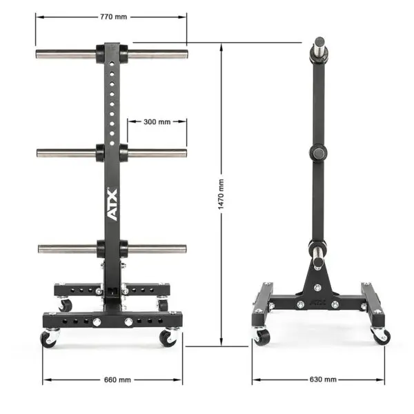 The ATX® Wheel Set Stand features three horizontal bars for plate storage and is mobile, with dimensions: 770 mm width, 1470 mm height, 660 mm depth. The spacing between the middle bar measures 300 mm. It is shown from the front and side views.