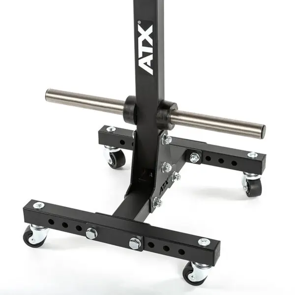 Close-up of the black ATX® Wheel Set Stand featuring metal handles and sturdy wheels, adjustable holes for customization, and heavy-duty bolts for stability.