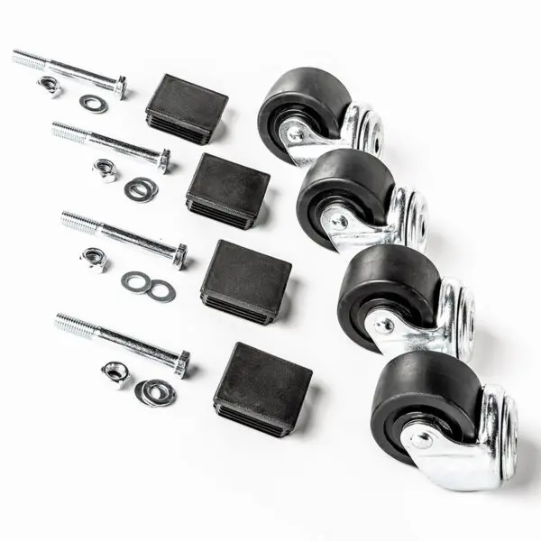 Four black caster wheels from the ATX® Wheel Set Stand with metal mounts are lined up next to black square inserts, washers, and bolts on a white background.