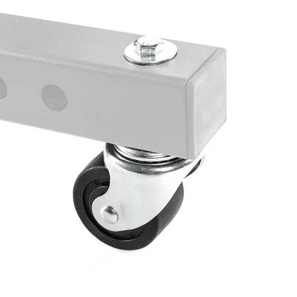 Close-up view of the ATX® Wheel Set Stand, featuring a small black caster wheel attached to a gray metallic square tube with circular side holes. The wheel is mounted on a metal bracket for smooth rotation and movement.
