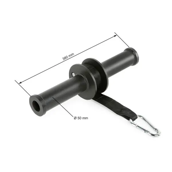 The ATX® Wrist Forearm Trainer is a black cylindrical fitness handle, measuring 380 mm in length and 50 mm in diameter, with a strap-attached clip.