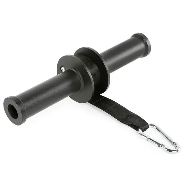 The ATX® Wrist Forearm Trainer is a black steel roller with a cylindrical handle, central disc, and nylon strap featuring a metal carabiner for weight lifting exercises.