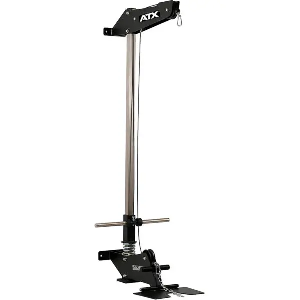 The ATX® Wall Mounted Lat Pulldown is a stylish black and silver machine designed for upper body workouts. It features a weight plate holder and dual handles, and it can also be used as a low row machine to boost your strength training routine.