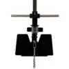 Close-up view of a gym workout machine featuring two horizontal handles, a central metal bar with a spring mechanism, and a chain with a clip hanging from it. This ATX® Wall Mounted Lat Pulldown is designed for strength training exercises.
