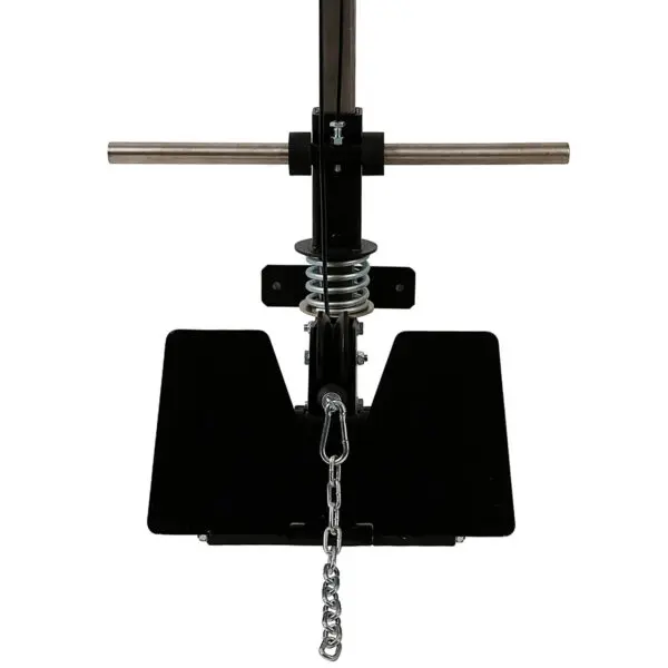 Close-up view of a gym workout machine featuring two horizontal handles, a central metal bar with a spring mechanism, and a chain with a clip hanging from it. This ATX® Wall Mounted Lat Pulldown is designed for strength training exercises.