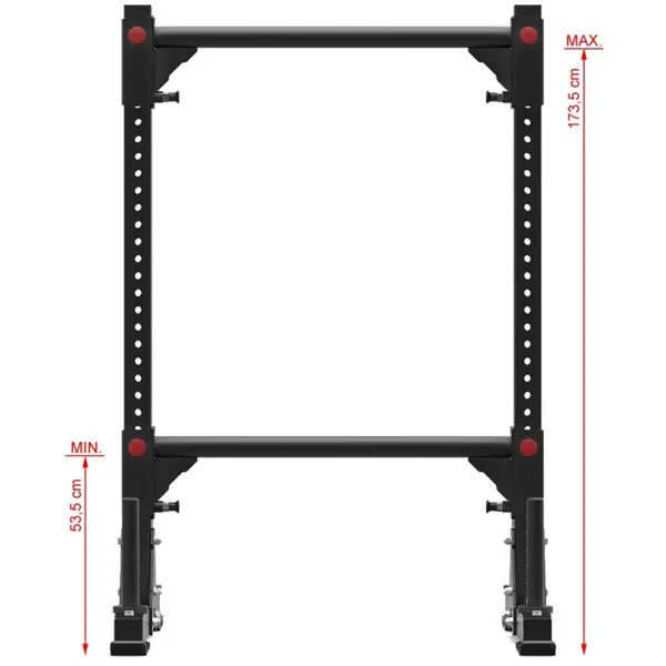 The discontinued ATX® Bulls Strongman Yoke is a black, adjustable squat rack with a rectangular frame, featuring multiple height adjustment holes. Its maximum height is 173.5 cm and the minimum is 53.5 cm.