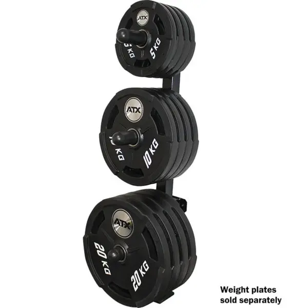 A Wall Mounted Weight Rack displays ATX plates in three rows of 5 kg, 10 kg, and 20 kg. Weight plates sold separately is inscribed in the bottom right.