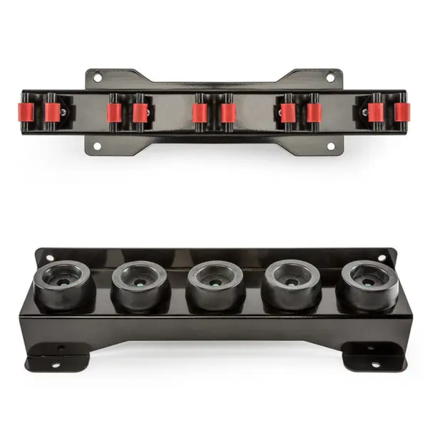 The top image features the Barbell Cue Rack, a black metal wall rack with three pairs of red padded clips. The bottom image shows a support bracket in black metal with four rubber rollers. Both items sit on a white background.