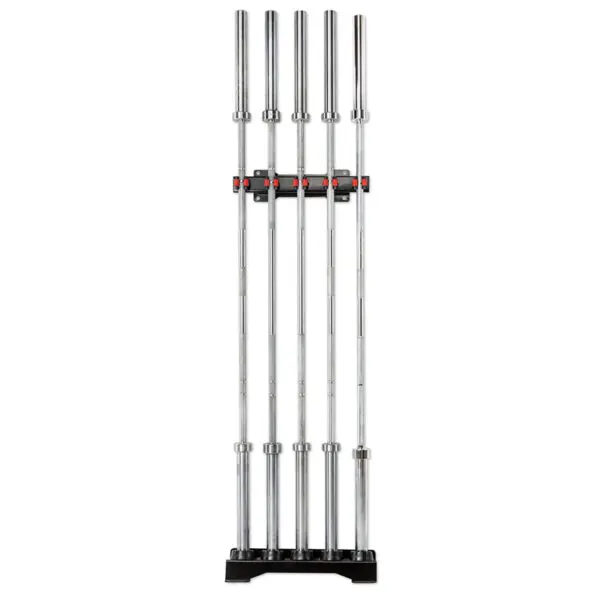 A set of five silver barbells is arranged vertically on a black Wall Mounted Barbell Cue Rack against a white background, with the shiny, smooth surfaces evenly spaced.