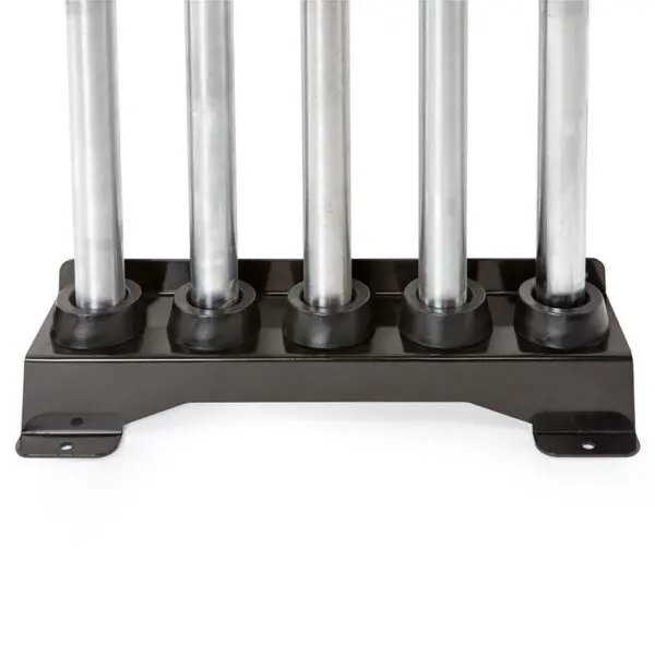 A close-up of the Barbell Cue Rack - Wall Mounted shows a black base with five vertical metal poles in round slots. The base includes two mounting holes, offering stability. The image features the bottom section of the poles against a white background.