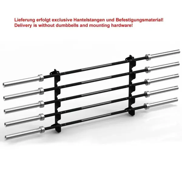 The Barbell Gun Rack - Wall Mounted, shown in black metal, holds five silver barbell bars against a white background. Red text indicates that it comes without dumbbells and mounting hardware.