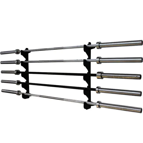 A Barbell Gun Rack - Wall Mounted displays five silver barbells with knurled grips neatly arranged horizontally against a black rack, creating a symmetrical appearance with a plain white background.