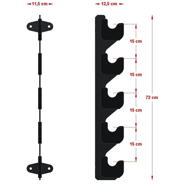 Illustration of the Barbell Gun Rack - Wall Mounted, black in color, with dimensions: four hooks spaced 15 cm apart vertically, total height 72 cm. Top view shows a horizontal width of 11.5 cm and vertical width of 12.5 cm.