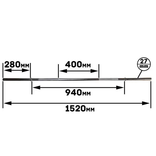 Image of the Standard Super Curl Bar: 1520mm length, 940mm space between weights, 280mm sleeve length, and 27mm diameter. The center knurled section is 400mm. Displayed against a white background.