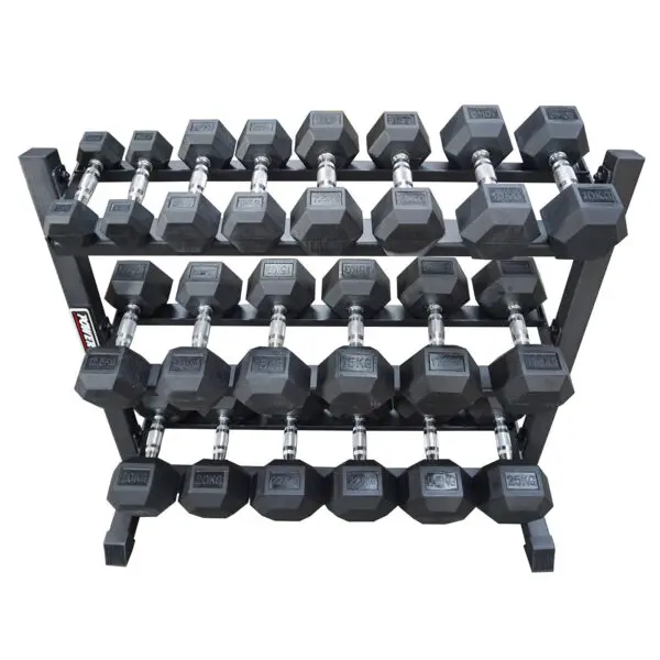 Power Maxx 2.5 kg - 25 kg Rubber Hex 10 Pair Dumbbell Set with Compact 3 Tier Rack - Image 3